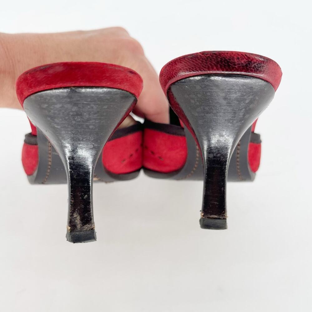 Prada Vintage Red Suede Tweed Bow Pointed Toe Kitten Heel Mule Heels IT 36.5 - Picture 7 of 11